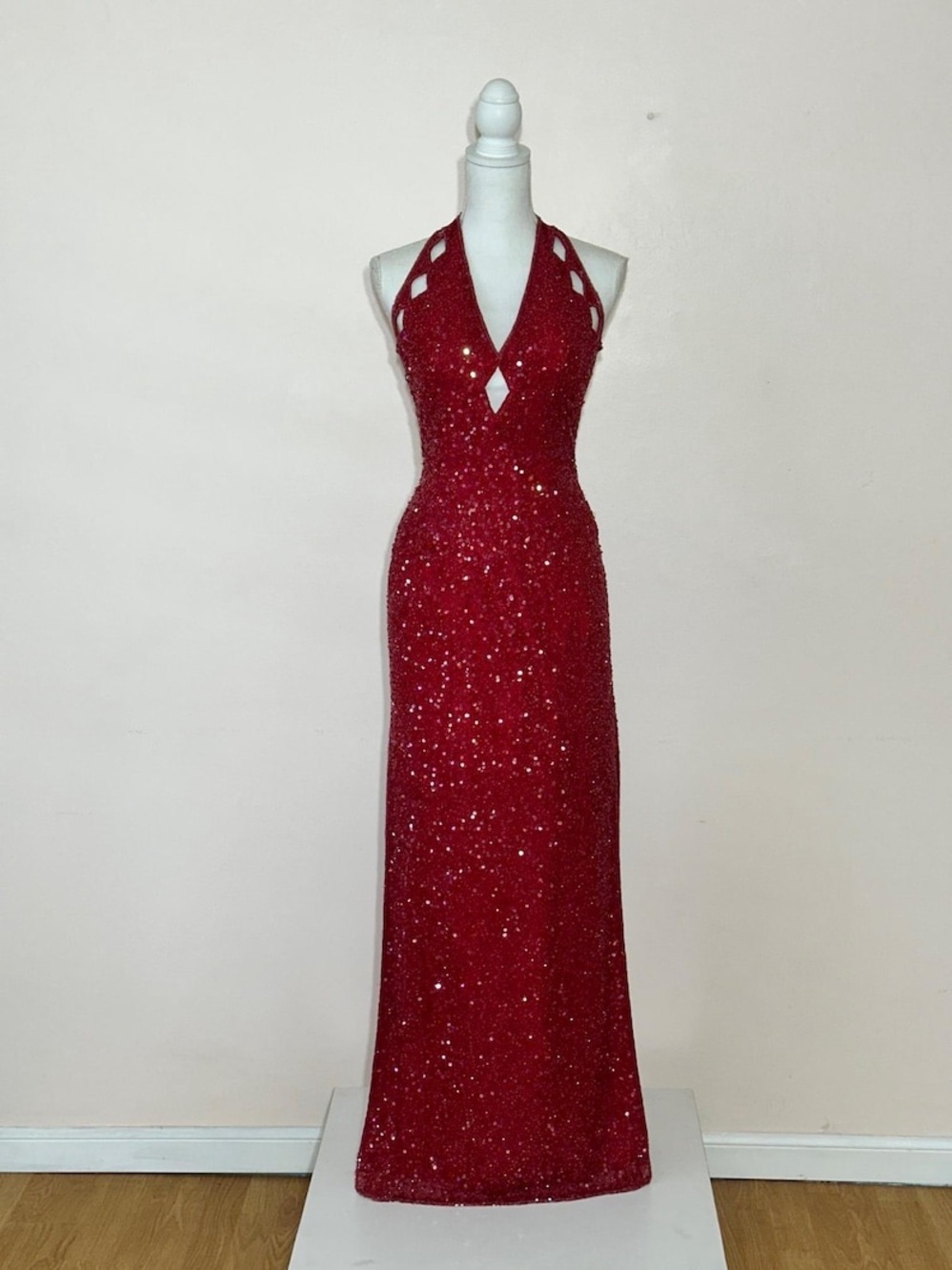 Scala Red Sequin Halter Formal Gown Cutout Prom Evening Dress Sz Small Y2K Silk